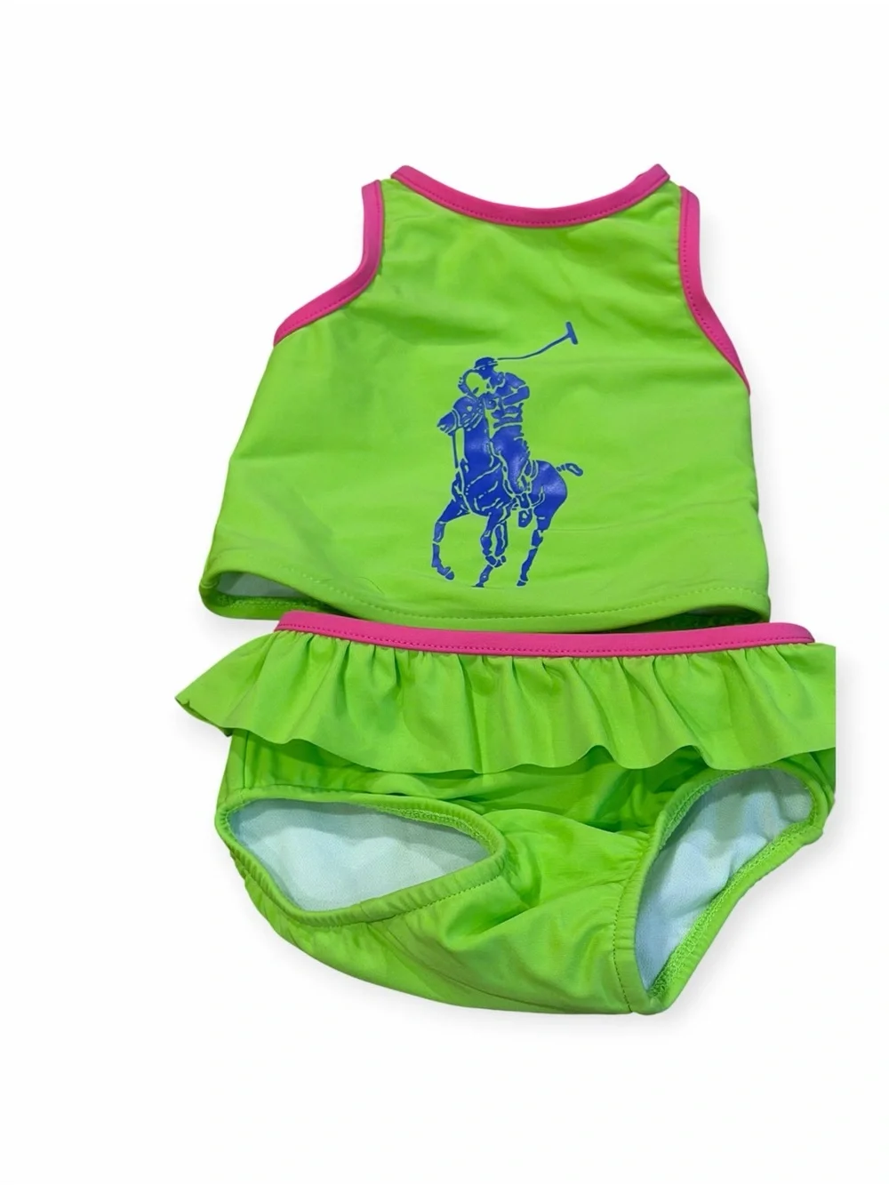 Ralph Lauren,  Lime Green & Hot Pink Ruffle Two-Piece Swim Set, Size 9 months